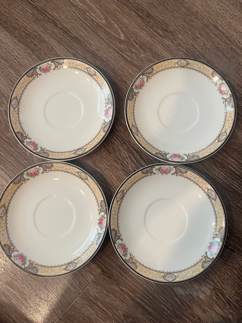 Vintage Set of 4 Cream and Pink Floral Grecian Ivory Saucers by Paden City